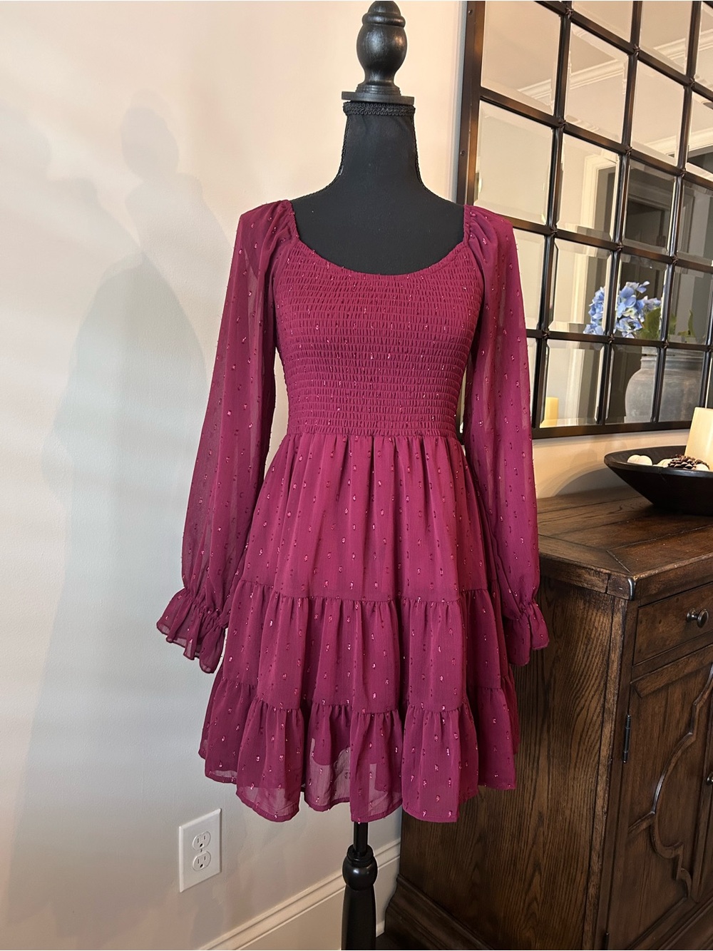 Altar'd State burgundy long-sleeve smocked tiered mini dress